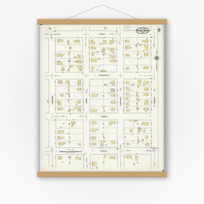 Old map wall art mockup — magnetic wood frame on white wall — Sanborn Fire Insurance Map from Rhinelander, Oneida County, Wisconsin (1920), Sheet #0009