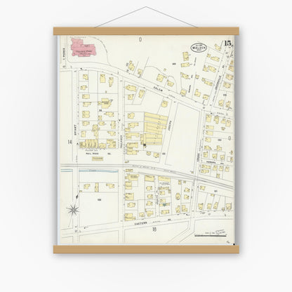 Old map wall art mockup — magnetic wood frame on white wall — Sanborn Fire Insurance Map from Malden, Middlesex County, Massachusetts (1897), Sheet #0015