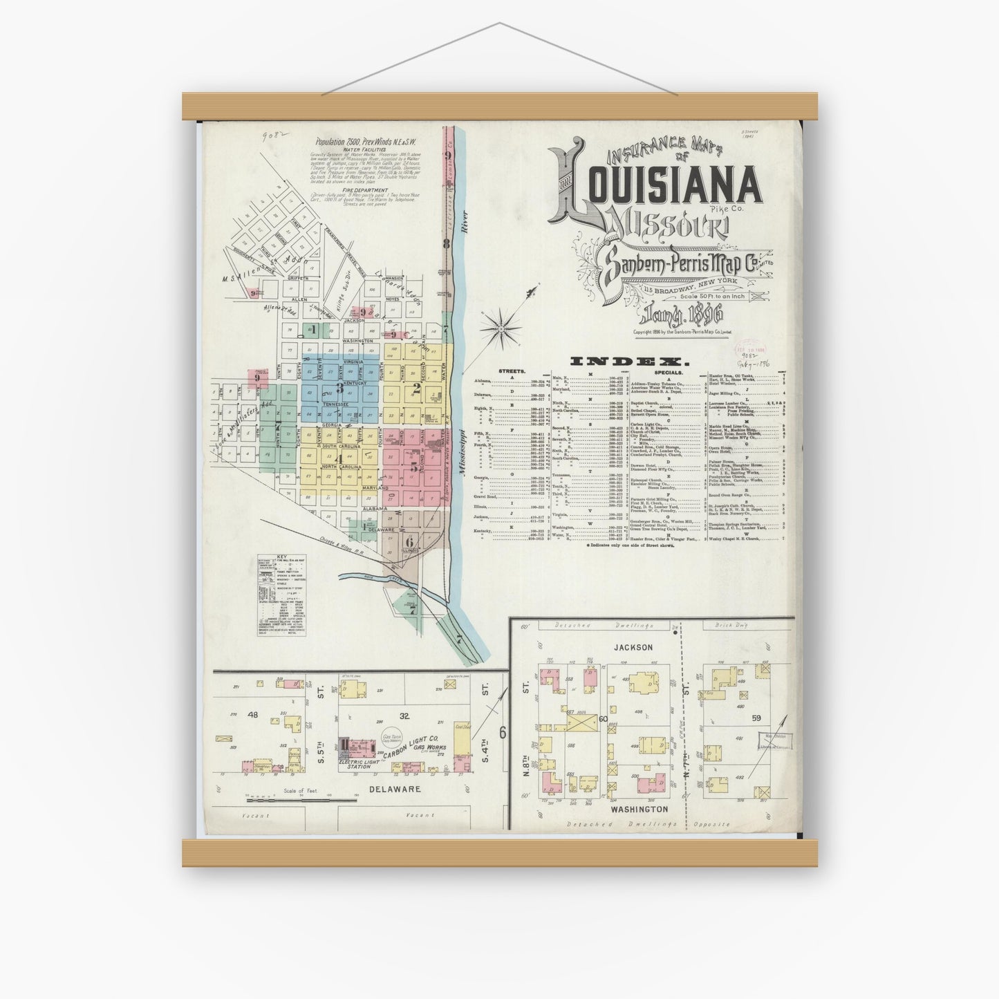 Old map wall art mockup — magnetic wood frame on white wall — Sanborn Fire Insurance Map from Louisiana, Pike County, Missouri (1896) - Complete Map Set