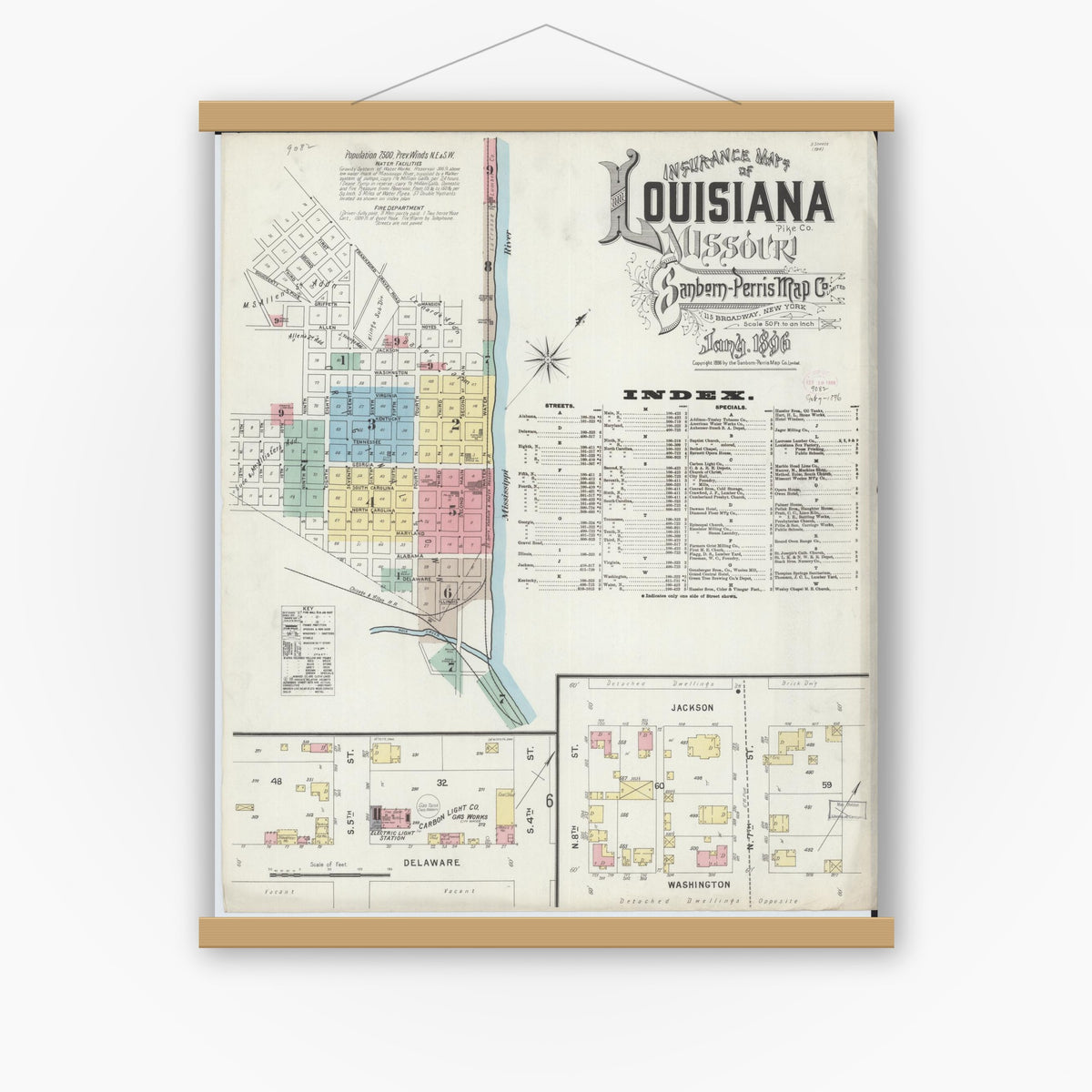 Old map wall art mockup — magnetic wood frame on white wall — Sanborn Fire Insurance Map from Louisiana, Pike County, Missouri (1896) - Complete Map Set