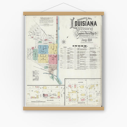 Old map wall art mockup — magnetic wood frame on white wall — Sanborn Fire Insurance Map from Louisiana, Pike County, Missouri (1896) - Complete Map Set
