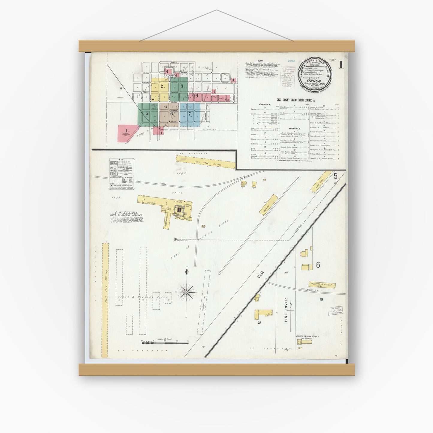Old map wall art mockup — magnetic wood frame on white wall — Sanborn Fire Insurance Map from Ithaca, Gratiot County, Michigan (1900) - Complete Map Set