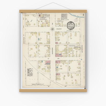 Old map wall art mockup — magnetic wood frame on white wall — Sanborn Fire Insurance Map from Port Clinton, Ottawa County, Ohio (1884), Sheet #0001