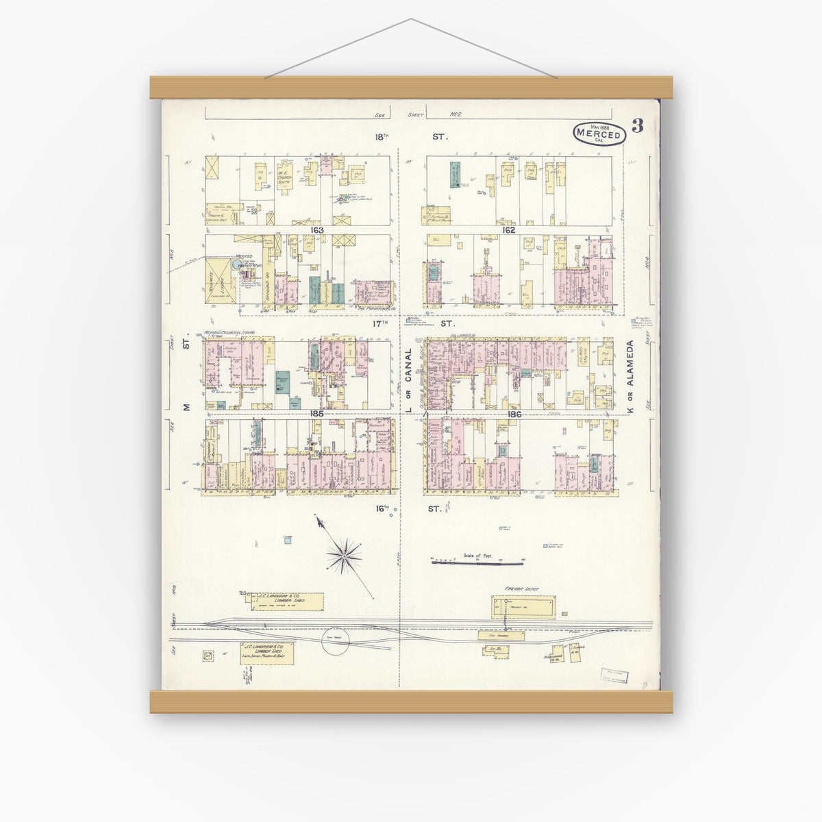 Old map wall art mockup — magnetic wood frame on white wall — Sanborn Fire Insurance Map from Merced, Merced County, California (1888), Sheet #0003