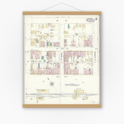 Old map wall art mockup — magnetic wood frame on white wall — Sanborn Fire Insurance Map from Merced, Merced County, California (1888), Sheet #0003