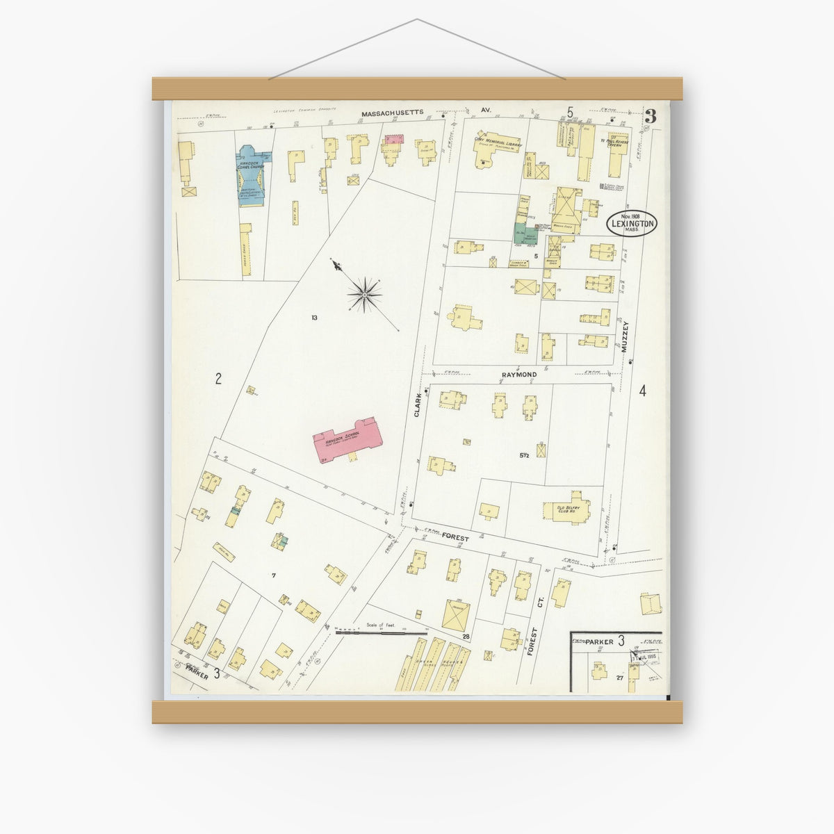 Old map wall art mockup — magnetic wood frame on white wall — Sanborn Fire Insurance Map from Lexington, Middlesex County, Massachusetts (1908), Sheet #0003