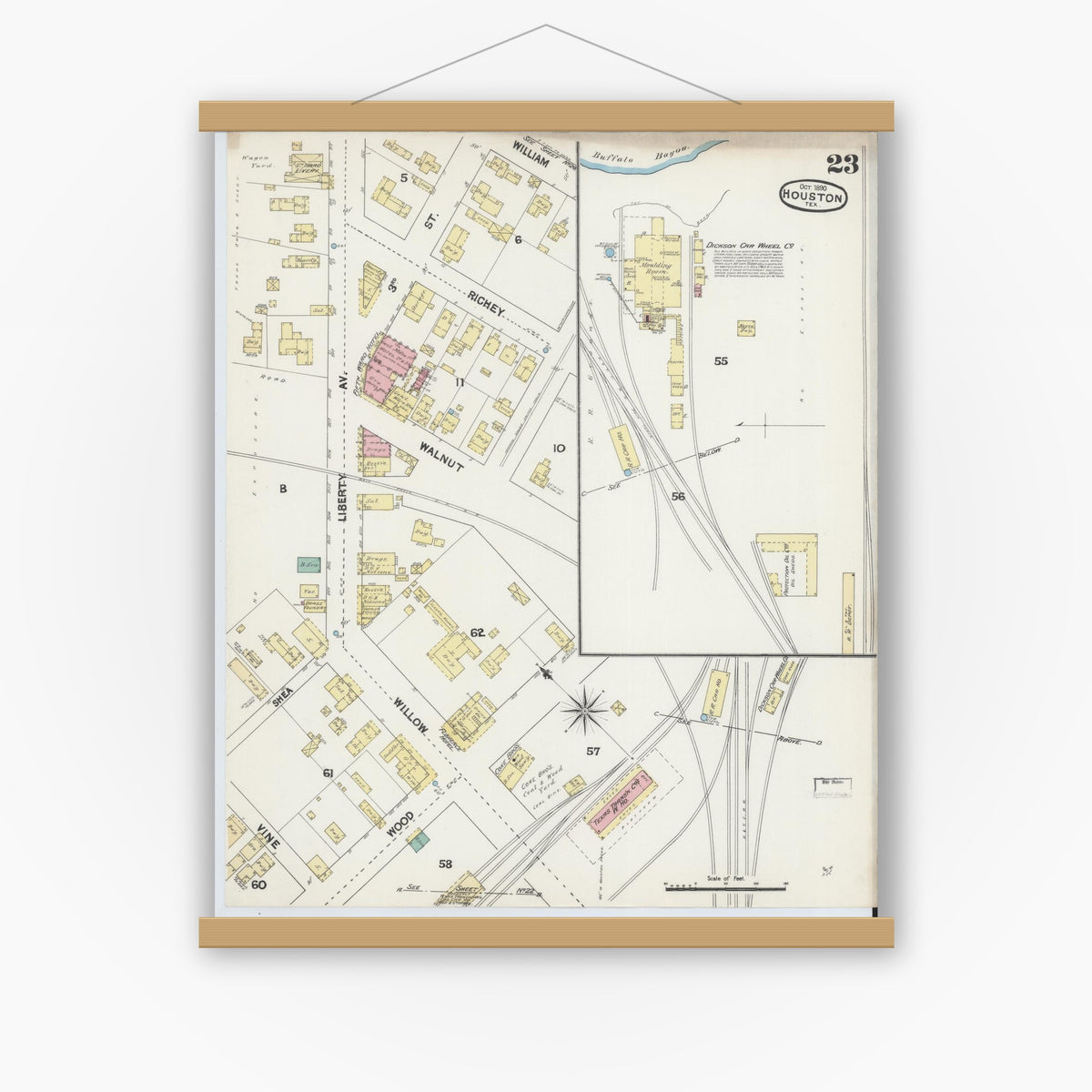 Old map wall art mockup — magnetic wood frame on white wall — Sanborn Fire Insurance Map from Houston, Harris County, Texas (1890), Sheet #0023