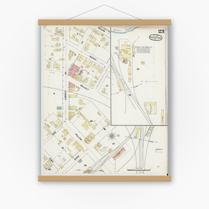 Old map wall art mockup — magnetic wood frame on white wall — Sanborn Fire Insurance Map from Houston, Harris County, Texas (1890), Sheet #0023