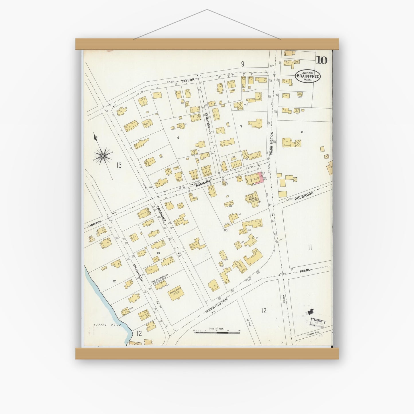 Old map wall art mockup — magnetic wood frame on white wall — Sanborn Fire Insurance Map from Braintree, Norfolk County, Massachusetts (1906), Sheet #0010