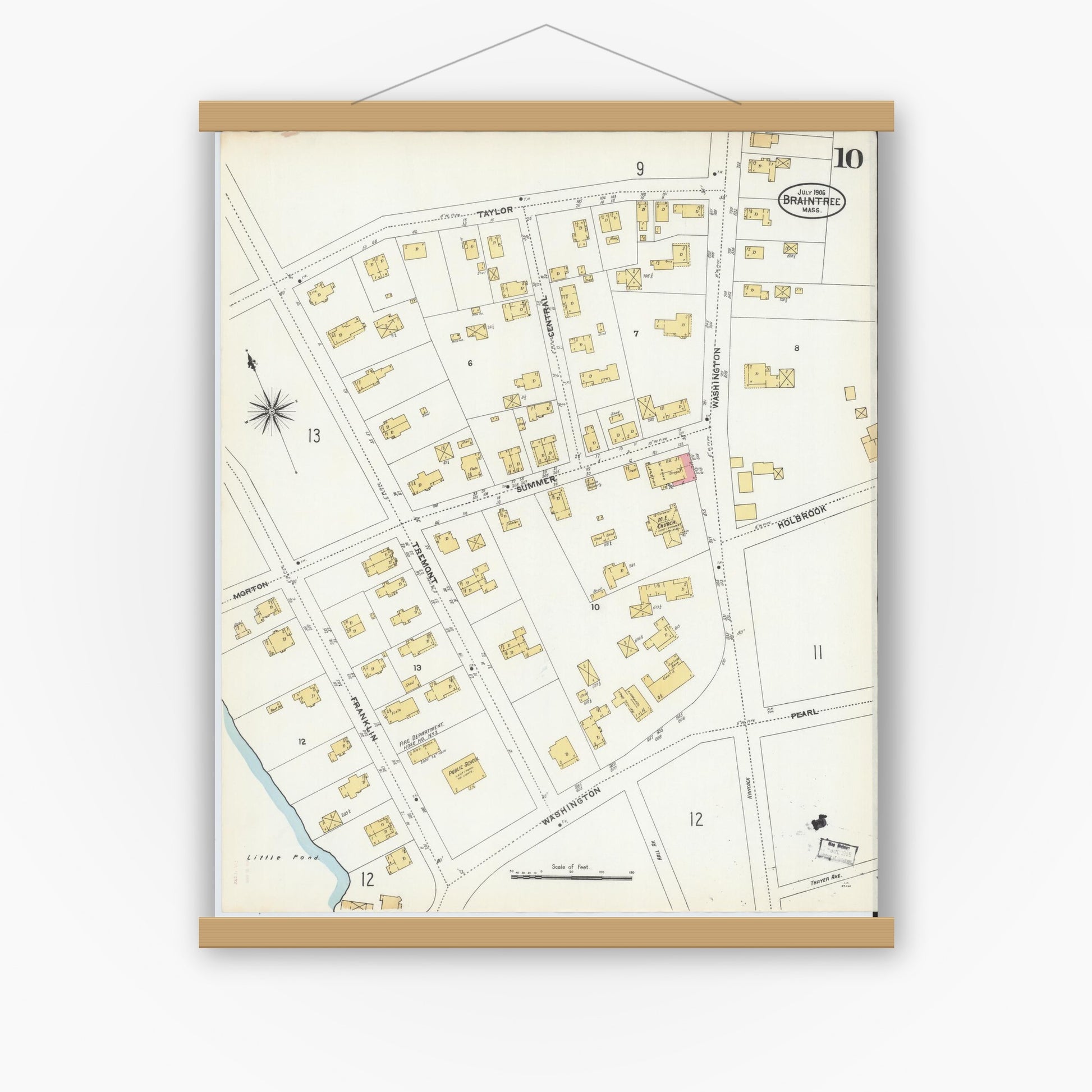 Old map wall art mockup — magnetic wood frame on white wall — Sanborn Fire Insurance Map from Braintree, Norfolk County, Massachusetts (1906), Sheet #0010