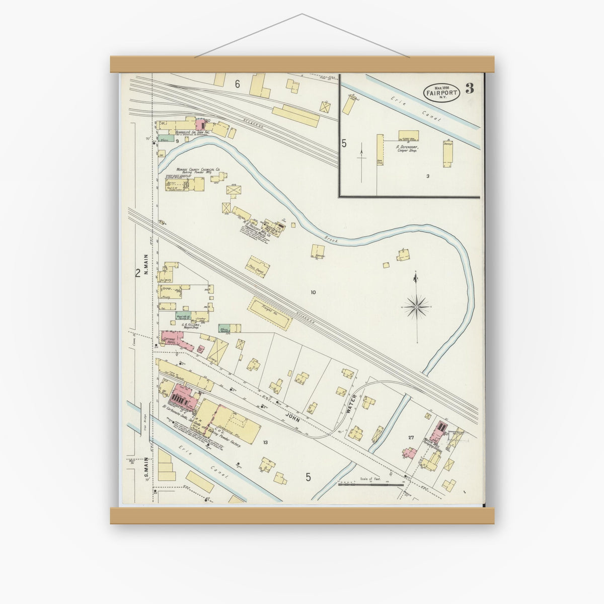 Old map wall art mockup — magnetic wood frame on white wall — Sanborn Fire Insurance Map from Fairport, Monroe County, New York (1898), Sheet #0003