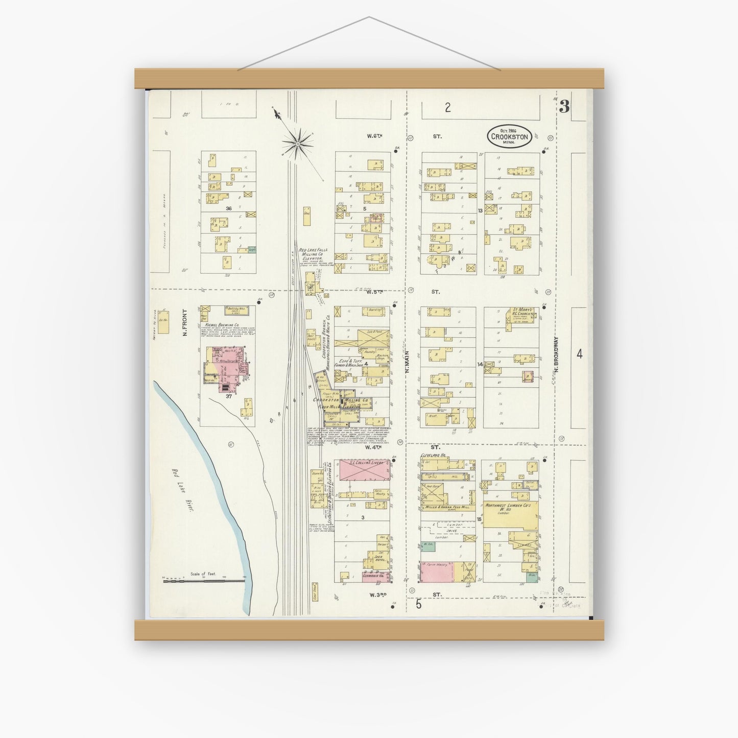 Old map wall art mockup — magnetic wood frame on white wall — Sanborn Fire Insurance Map from Crookston, Polk County, Minnesota (1906), Sheet #0003