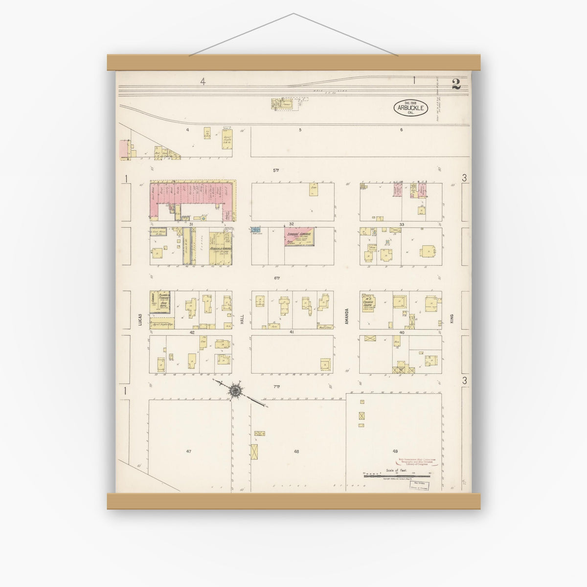 Old map wall art mockup — magnetic wood frame on white wall — Sanborn Fire Insurance Map from Arbuckle, Colusa County, California (1918), Sheet #0002