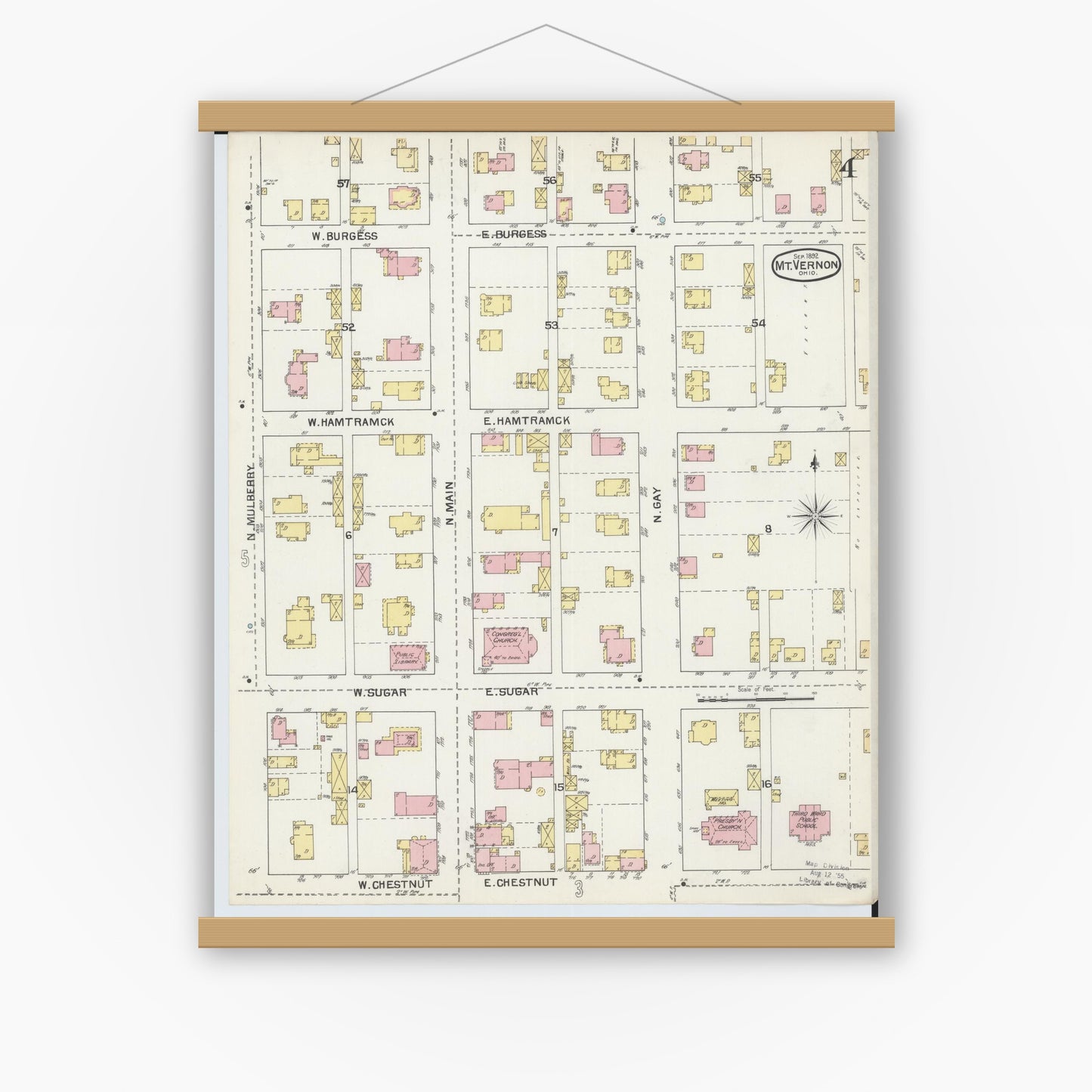 Old map wall art mockup — magnetic wood frame on white wall — Sanborn Fire Insurance Map from Mount Vernon, Knox County, Ohio (1892), Sheet #0004
