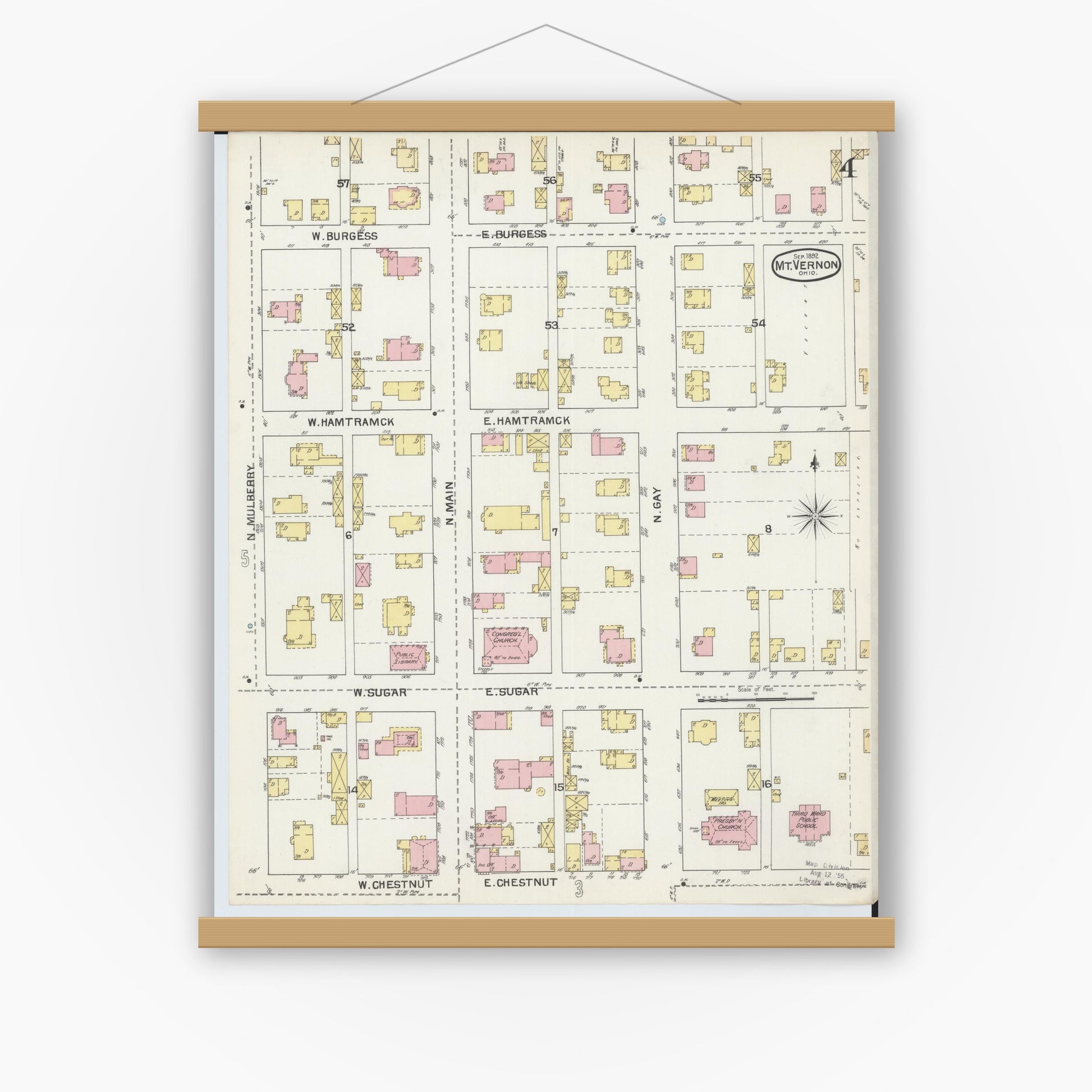 Old map wall art mockup — magnetic wood frame on white wall — Sanborn Fire Insurance Map from Mount Vernon, Knox County, Ohio (1892), Sheet #0004