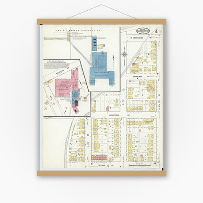 Old map wall art mockup — magnetic wood frame on white wall — Sanborn Fire Insurance Map from Barberton, Summit County, Ohio (1916), Sheet #0004