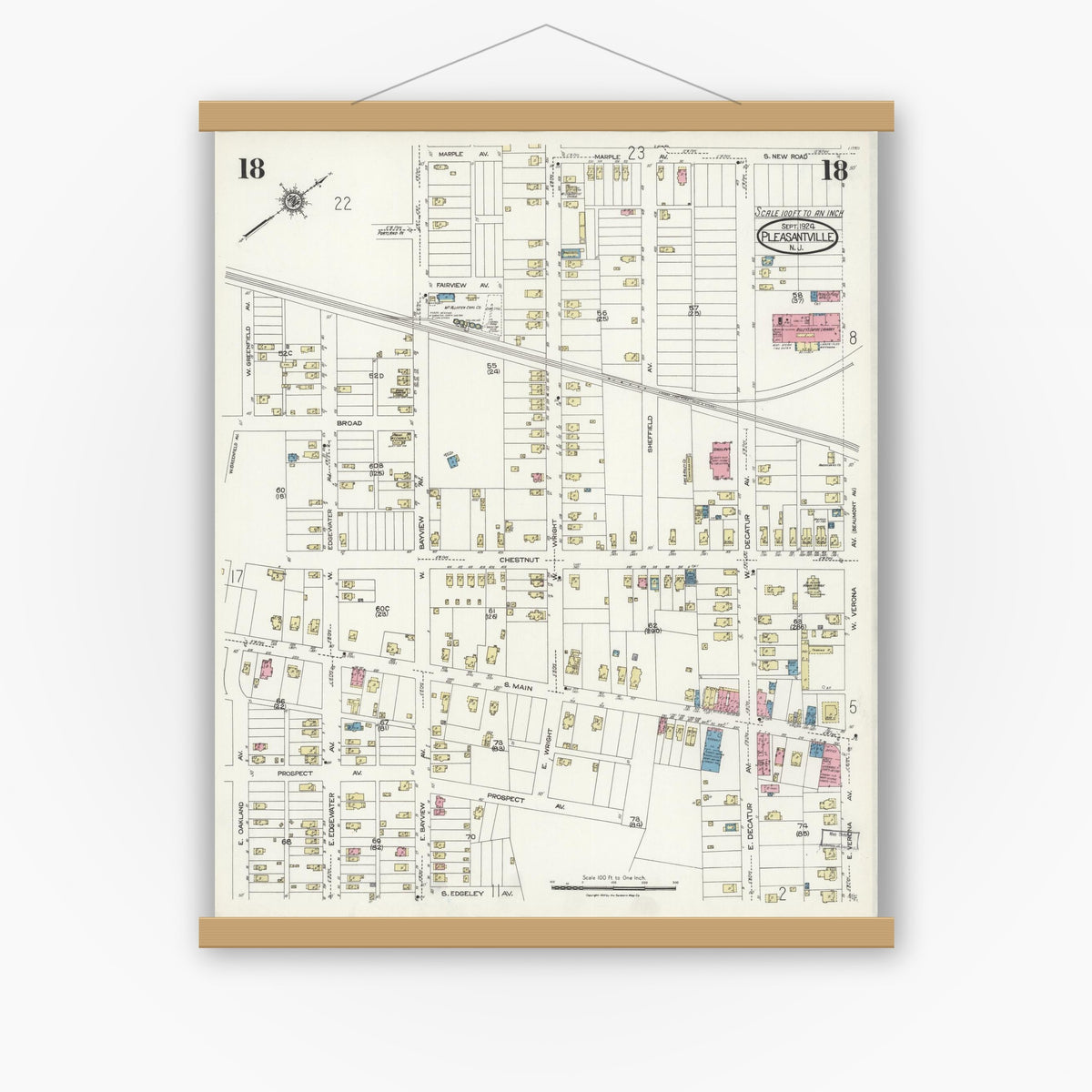 Old map wall art mockup — magnetic wood frame on white wall — Sanborn Fire Insurance Map from Pleasantville, Atlantic County, New Jersey (1924), Sheet #0018