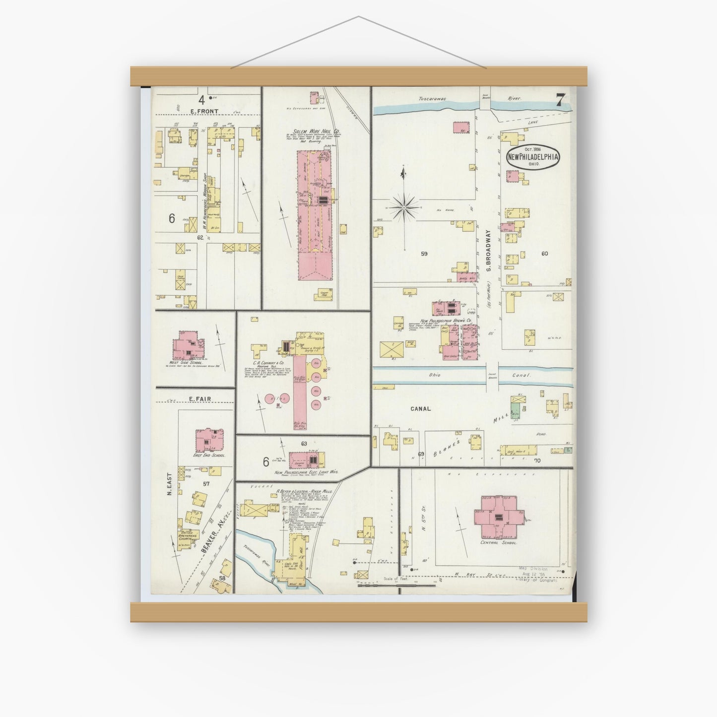 Old map wall art mockup — magnetic wood frame on white wall — Sanborn Fire Insurance Map from New Philadelphia, Tuscarawas County, Ohio (1896), Sheet #0007