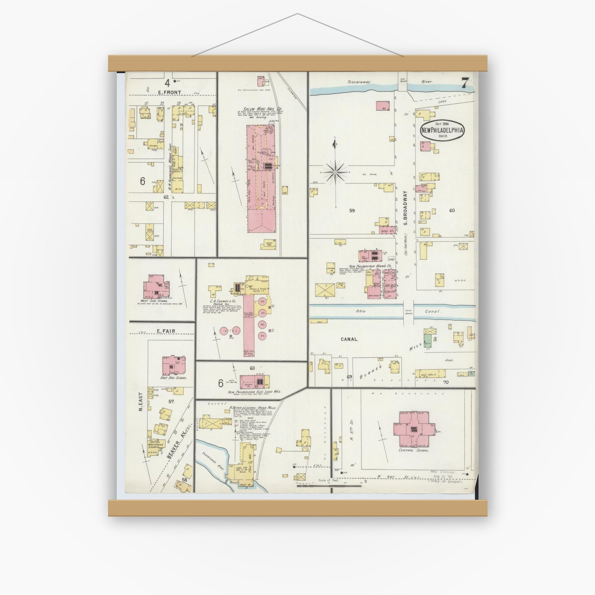 Old map wall art mockup — magnetic wood frame on white wall — Sanborn Fire Insurance Map from New Philadelphia, Tuscarawas County, Ohio (1896), Sheet #0007