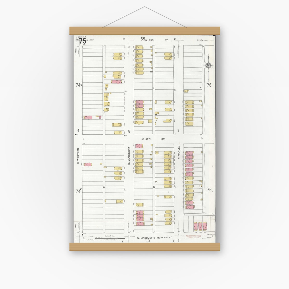 Old map wall art mockup — magnetic wood frame on white wall — Sanborn Fire Insurance Map from Chicago, Cook County, Illinois (1920), Sheet #0075
