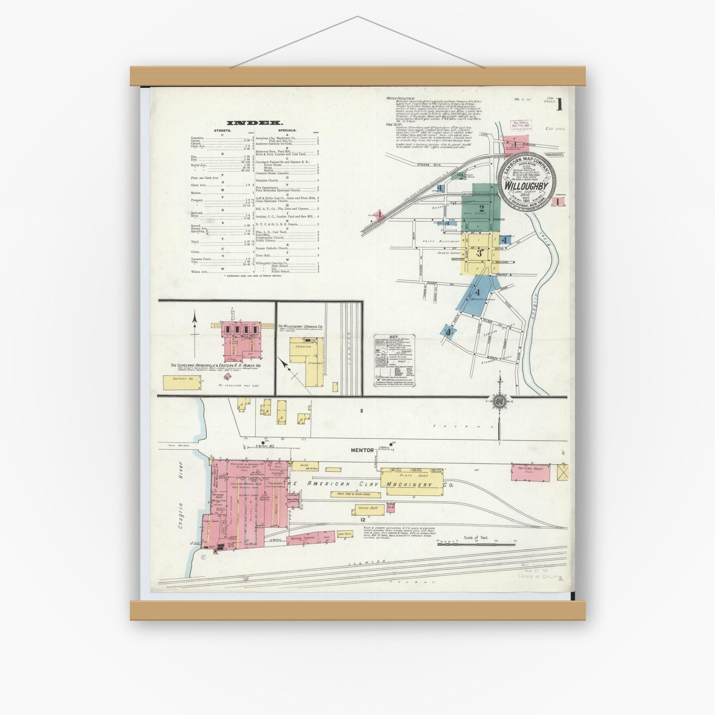 Old map wall art mockup — magnetic wood frame on white wall — Sanborn Fire Insurance Map from Willoughby, Lake County, Ohio (1911), Sheet #0001