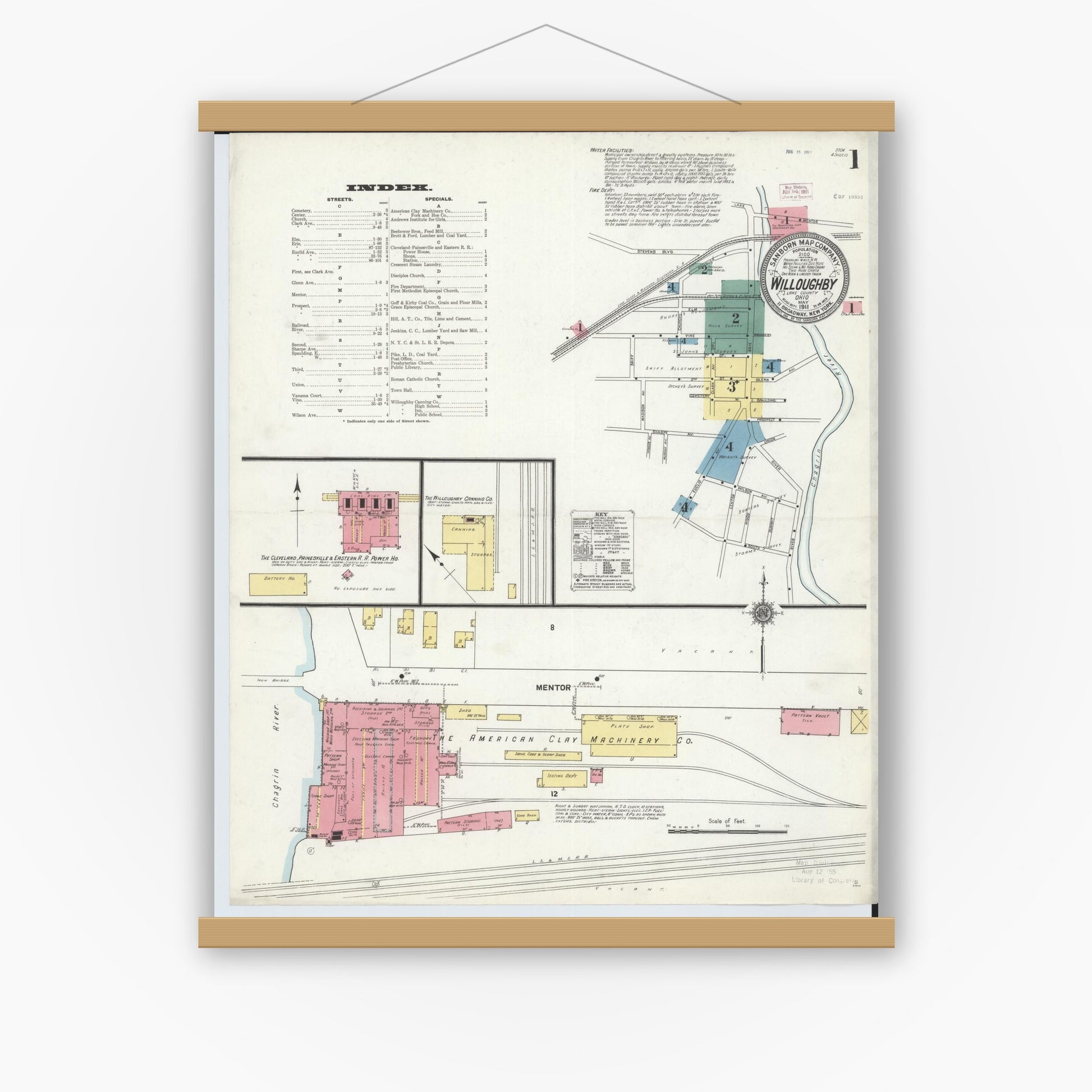 Old map wall art mockup — magnetic wood frame on white wall — Sanborn Fire Insurance Map from Willoughby, Lake County, Ohio (1911), Sheet #0001