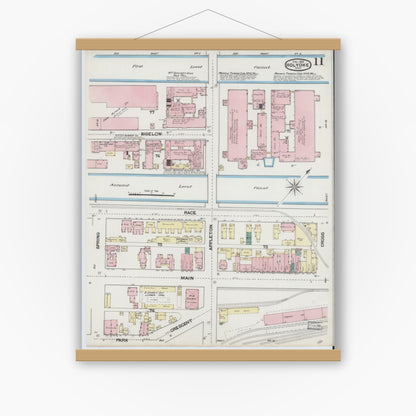 Old map wall art mockup — magnetic wood frame on white wall — Sanborn Fire Insurance Map from Holyoke, Hampden County, Massachusetts (1889), Sheet #0011