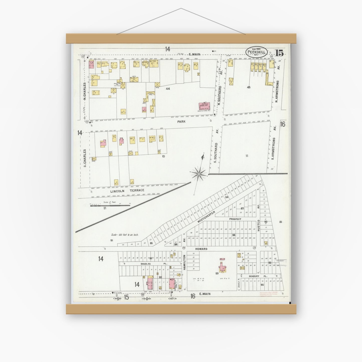 Old map wall art mockup — magnetic wood frame on white wall — Sanborn Fire Insurance Map from Peekskill, Westchester County, New York (1900), Sheet #0015