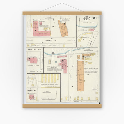 Old map wall art mockup — magnetic wood frame on white wall — Sanborn Fire Insurance Map from Beloit, Rock County, Wisconsin (1915), Sheet #0023