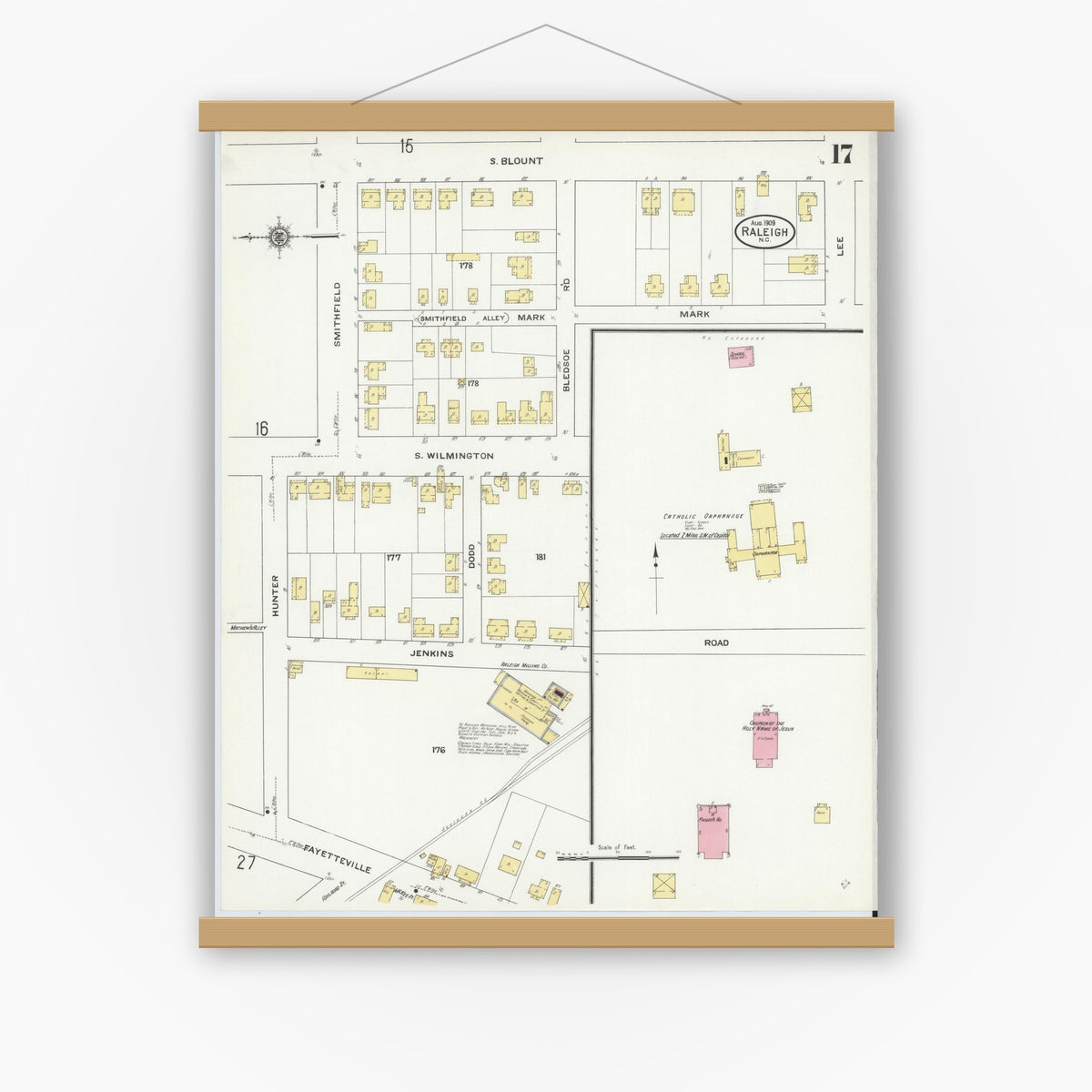 Old map wall art mockup — magnetic wood frame on white wall — Sanborn Fire Insurance Map from Raleigh, Wake County, North Carolina (1909), Sheet #0017