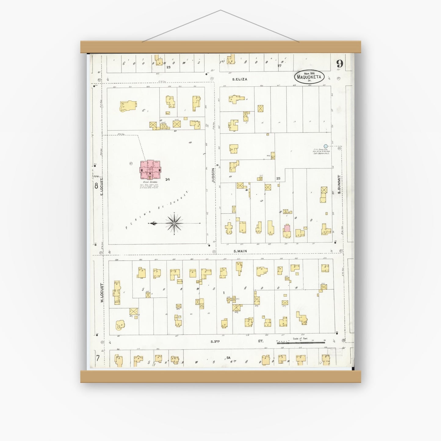 Old map wall art mockup — magnetic wood frame on white wall — Sanborn Fire Insurance Map from Maquoketa, Jackson County, Iowa (1906), Sheet #0009