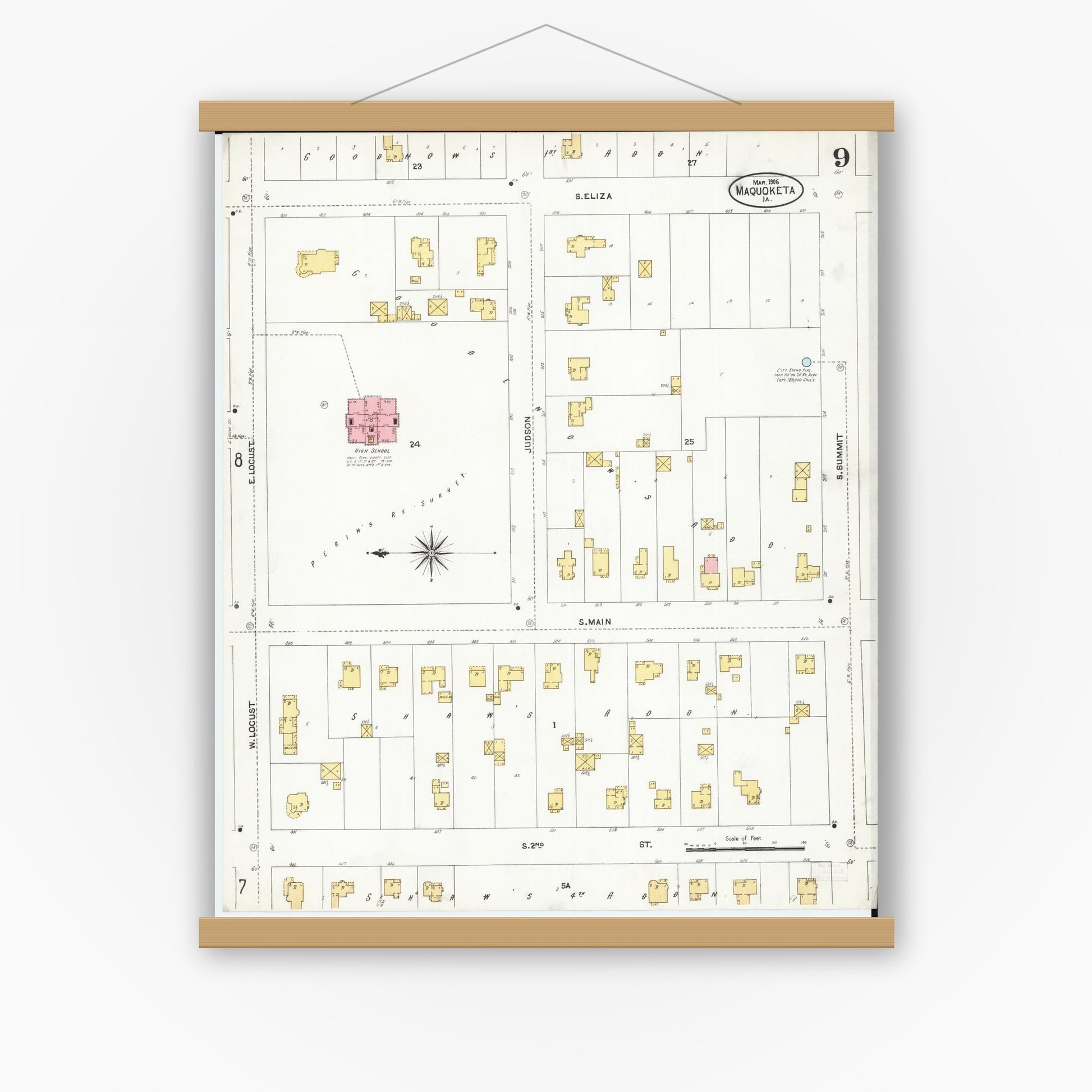 Old map wall art mockup — magnetic wood frame on white wall — Sanborn Fire Insurance Map from Maquoketa, Jackson County, Iowa (1906), Sheet #0009