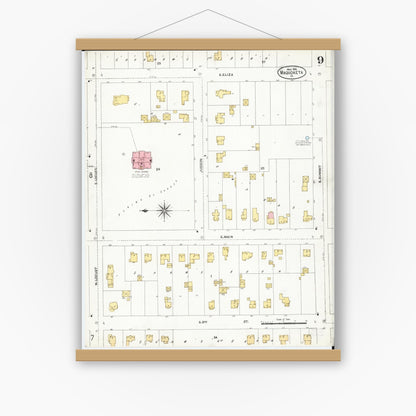 Old map wall art mockup — magnetic wood frame on white wall — Sanborn Fire Insurance Map from Maquoketa, Jackson County, Iowa (1906), Sheet #0009