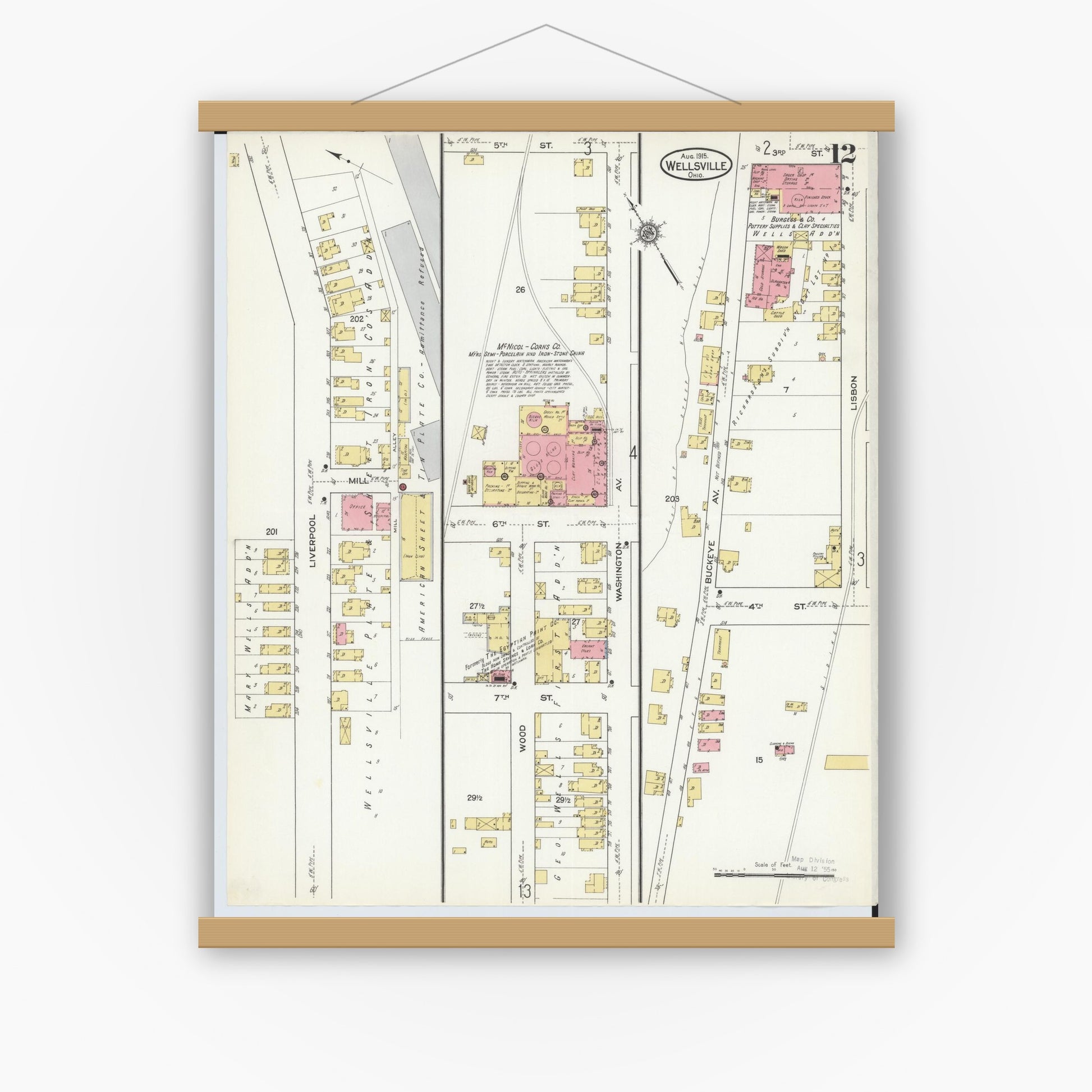 Old map wall art mockup — magnetic wood frame on white wall — Sanborn Fire Insurance Map from Wellsville, Columbiana County, Ohio (1915), Sheet #0012