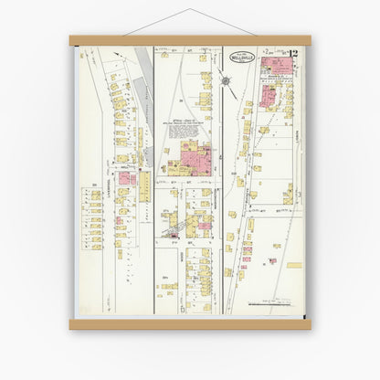 Old map wall art mockup — magnetic wood frame on white wall — Sanborn Fire Insurance Map from Wellsville, Columbiana County, Ohio (1915), Sheet #0012