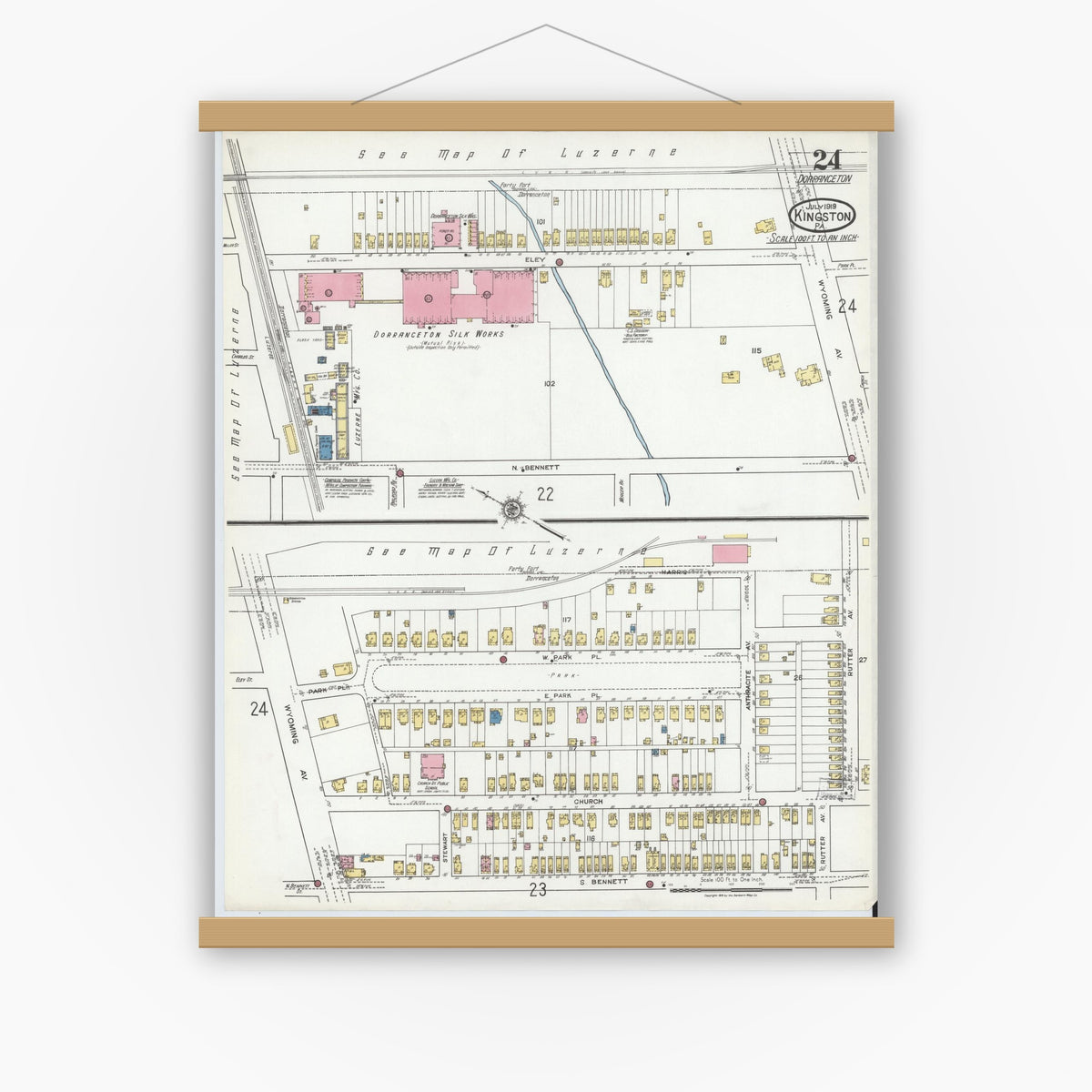Old map wall art mockup — magnetic wood frame on white wall — Sanborn Fire Insurance Map from Kingston, Luzerne County, Pennsylvania (1919), Sheet #0024