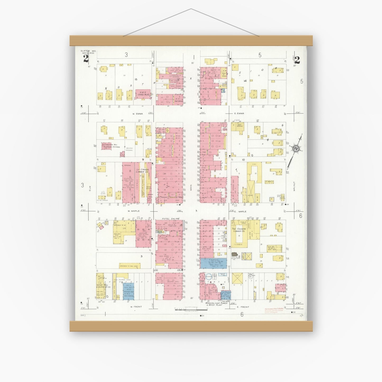 Old map wall art mockup — magnetic wood frame on white wall — Sanborn Fire Insurance Map from Slater, Saline County, Missouri (1933), Sheet #0002