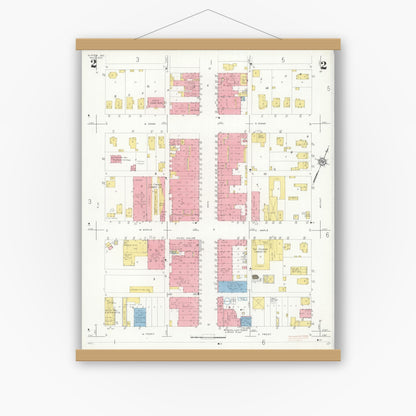 Old map wall art mockup — magnetic wood frame on white wall — Sanborn Fire Insurance Map from Slater, Saline County, Missouri (1933), Sheet #0002