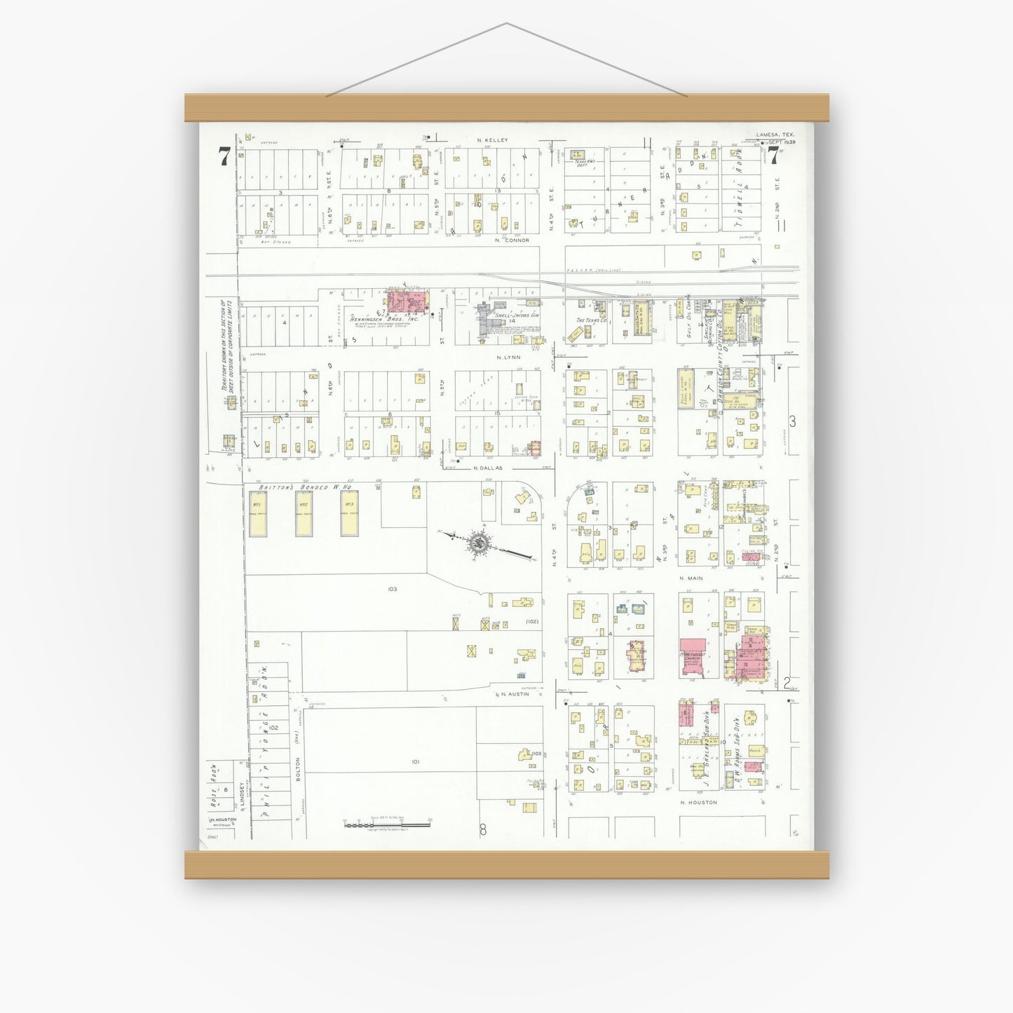 Old map wall art mockup — magnetic wood frame on white wall — Sanborn Fire Insurance Map from Lamesa, Dawson County, Texas (1939), Sheet #0007