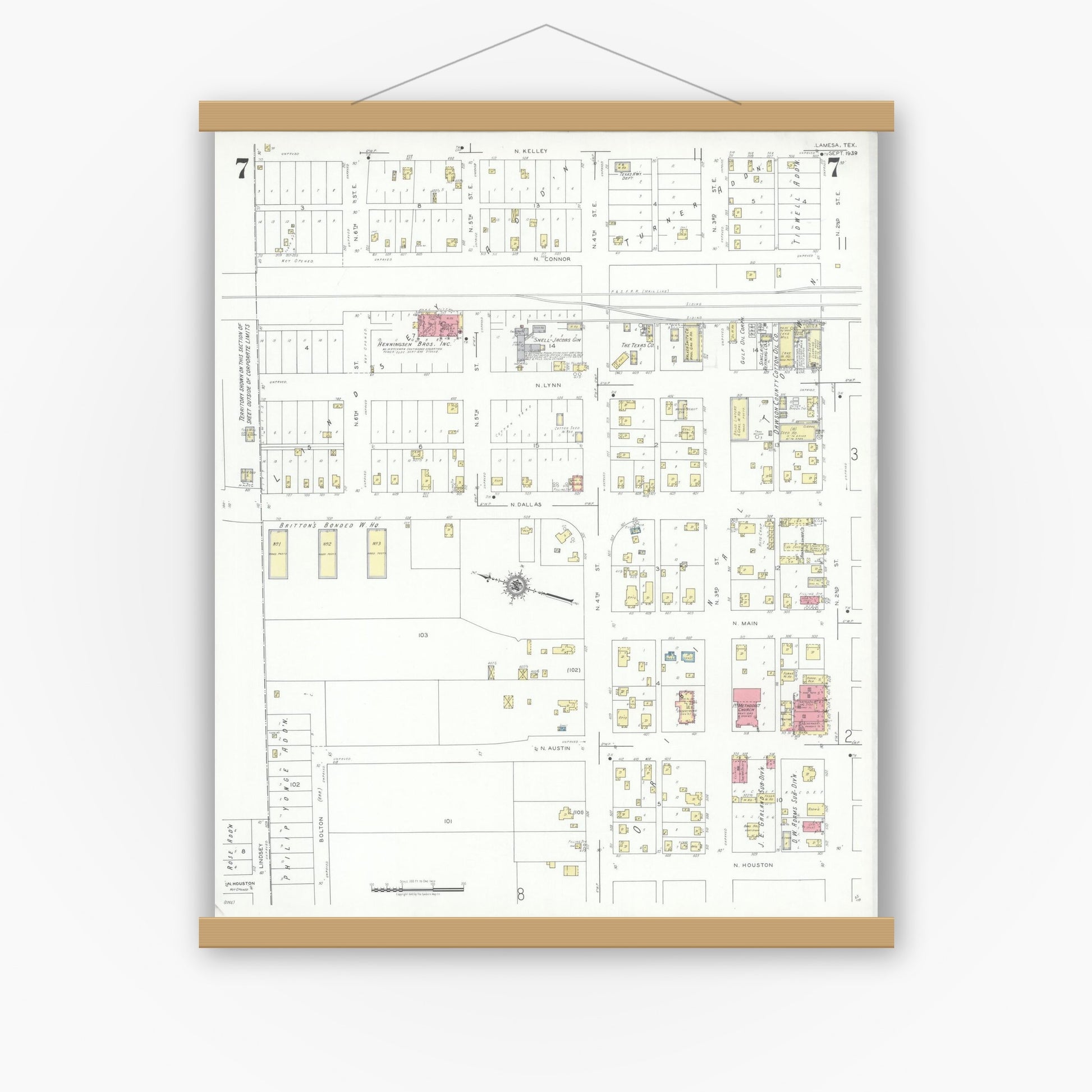 Old map wall art mockup — magnetic wood frame on white wall — Sanborn Fire Insurance Map from Lamesa, Dawson County, Texas (1939), Sheet #0007