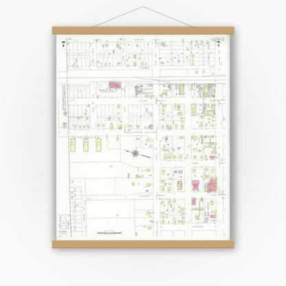Old map wall art mockup — magnetic wood frame on white wall — Sanborn Fire Insurance Map from Lamesa, Dawson County, Texas (1939), Sheet #0007