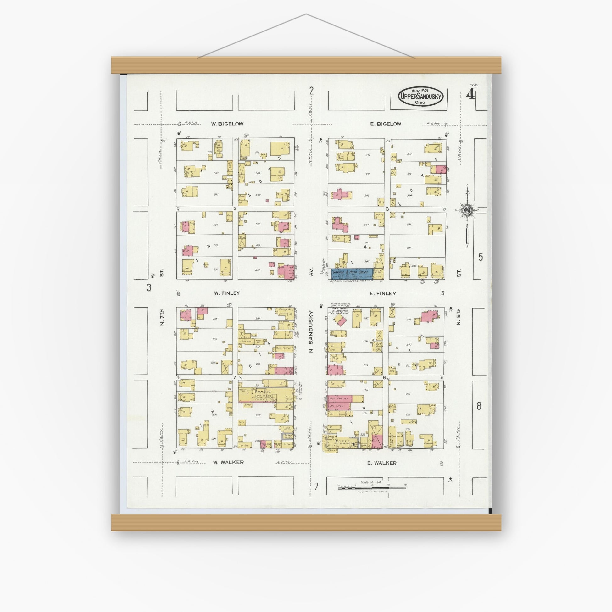 Old map wall art mockup — magnetic wood frame on white wall — Sanborn Fire Insurance Map from Upper Sandusky, Wyandot County, Ohio (1921), Sheet #0004