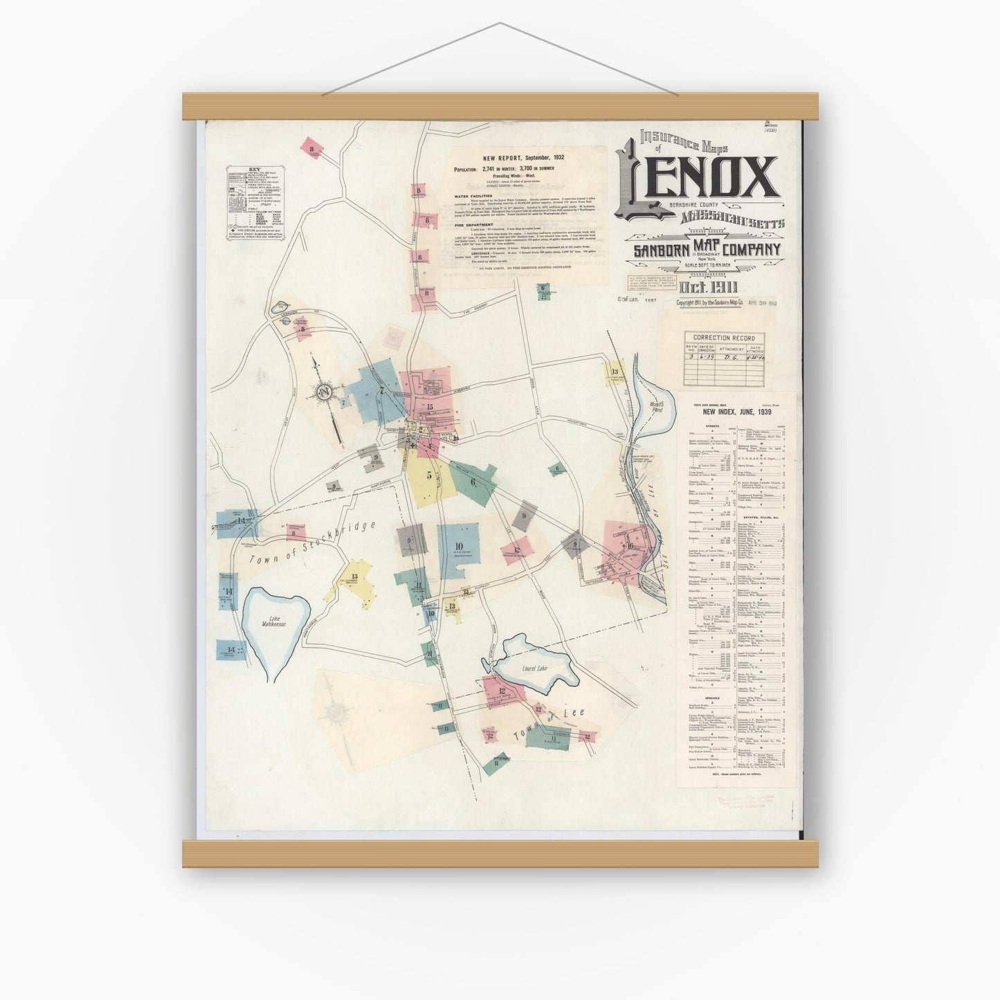 Old map wall art mockup — magnetic wood frame on white wall — Sanborn Fire Insurance Map from Lenox, Berkshire County, Massachusetts (1939) - Complete Map Set