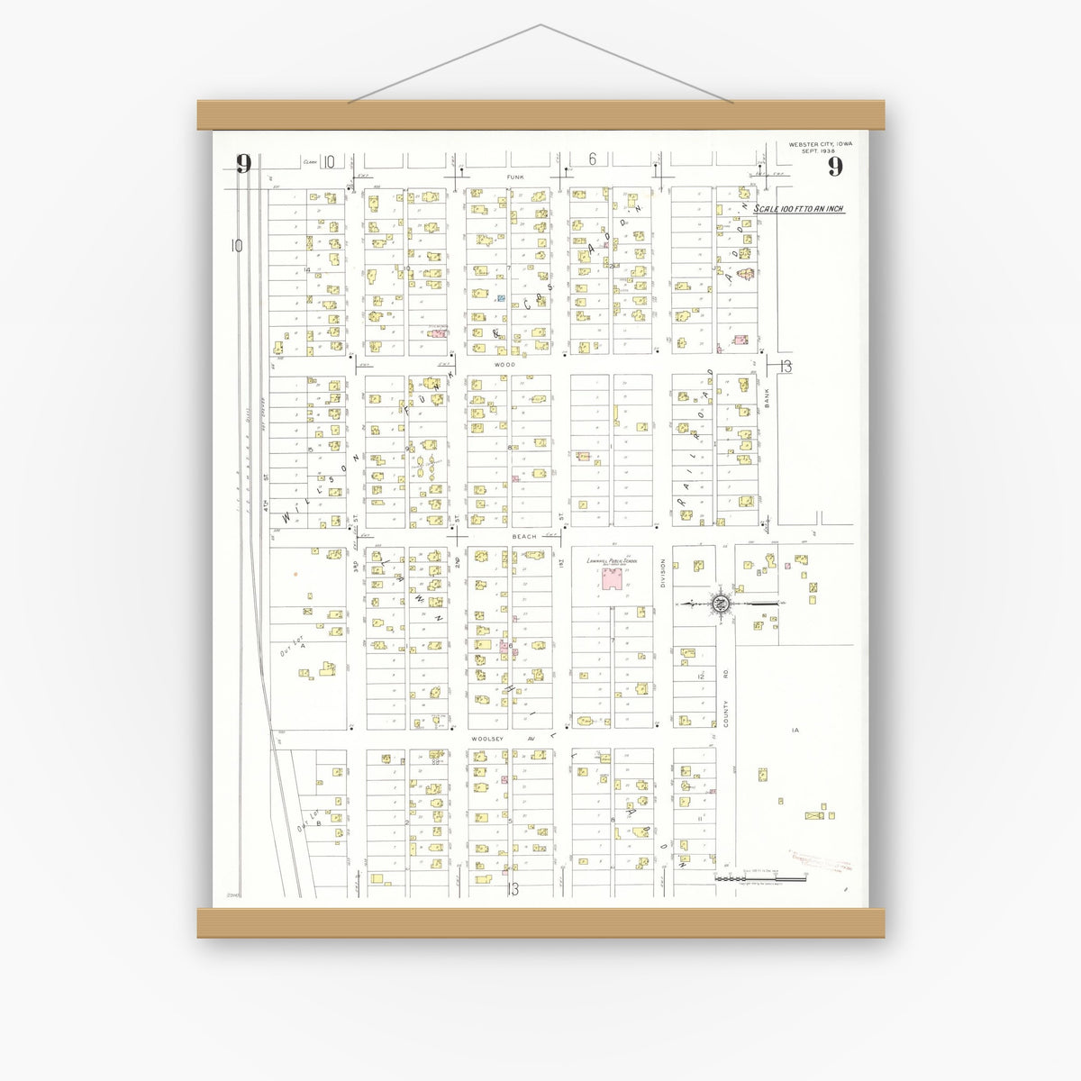 Old map wall art mockup — magnetic wood frame on white wall — Sanborn Fire Insurance Map from Webster City, Hamilton County, Iowa (1938), Sheet #0009