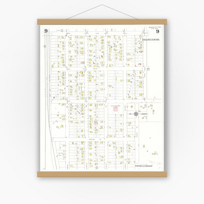Old map wall art mockup — magnetic wood frame on white wall — Sanborn Fire Insurance Map from Webster City, Hamilton County, Iowa (1938), Sheet #0009