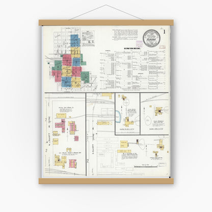 Old map wall art mockup — magnetic wood frame on white wall — Sanborn Fire Insurance Map from Aurora, Lawrence County, Missouri (1908) - Complete Map Set