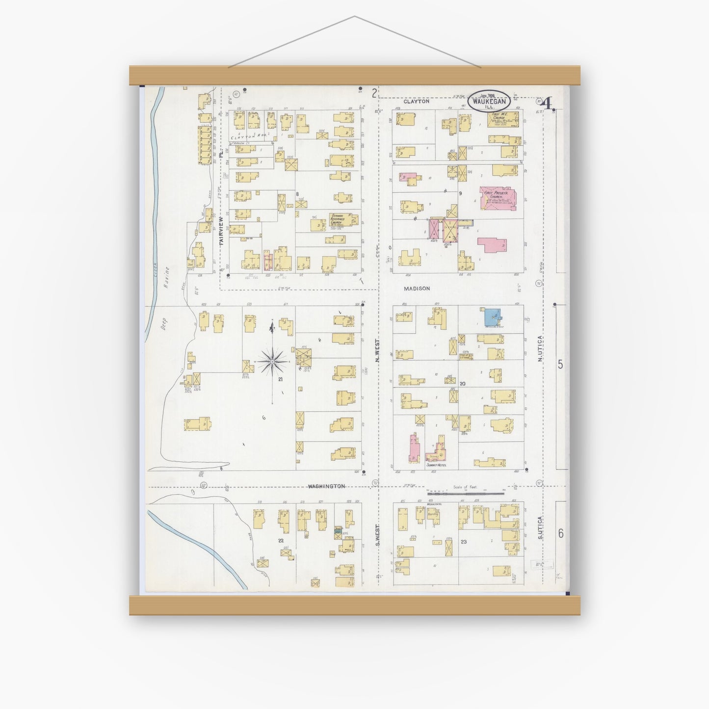 Old map wall art mockup — magnetic wood frame on white wall — Sanborn Fire Insurance Map from Waukegan, Lake County, Illinois (1906), Sheet #0004
