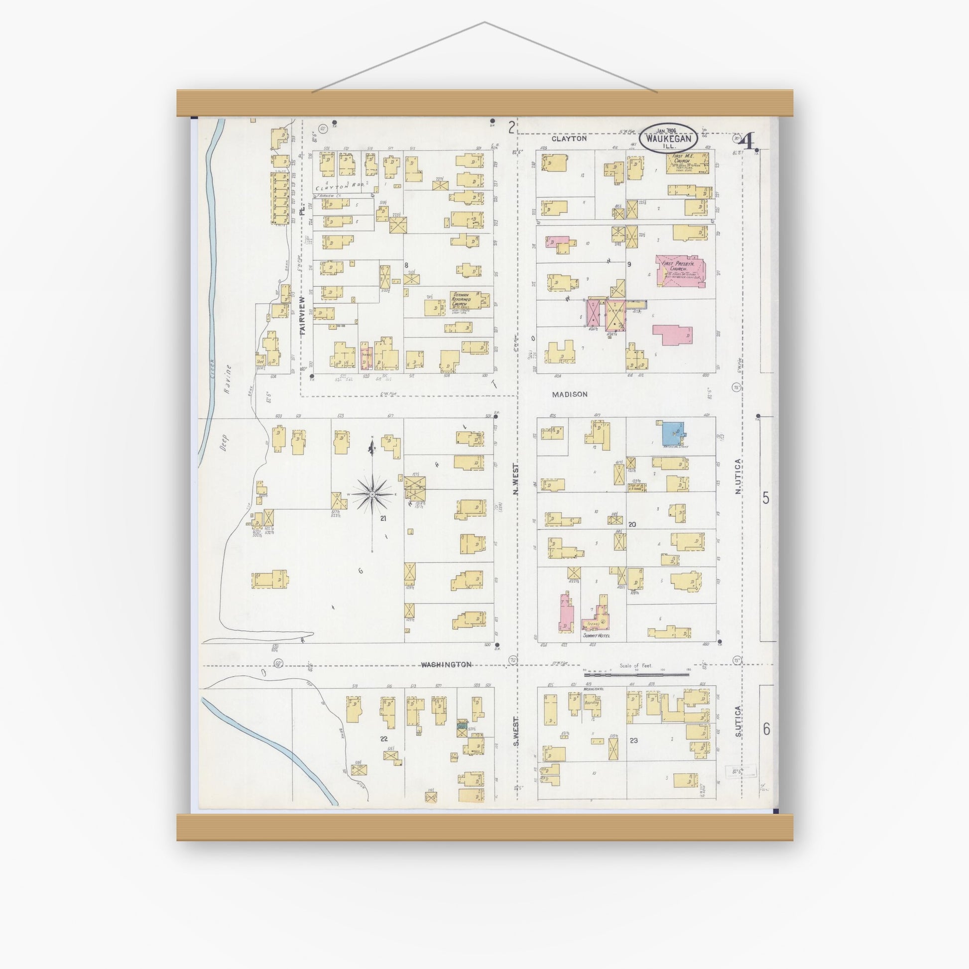Old map wall art mockup — magnetic wood frame on white wall — Sanborn Fire Insurance Map from Waukegan, Lake County, Illinois (1906), Sheet #0004