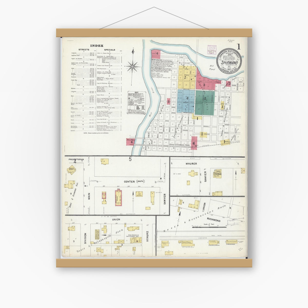 Old map wall art mockup — magnetic wood frame on white wall — Sanborn Fire Insurance Map from Shawano, Shawano County, Wisconsin (1907) - Complete Map Set