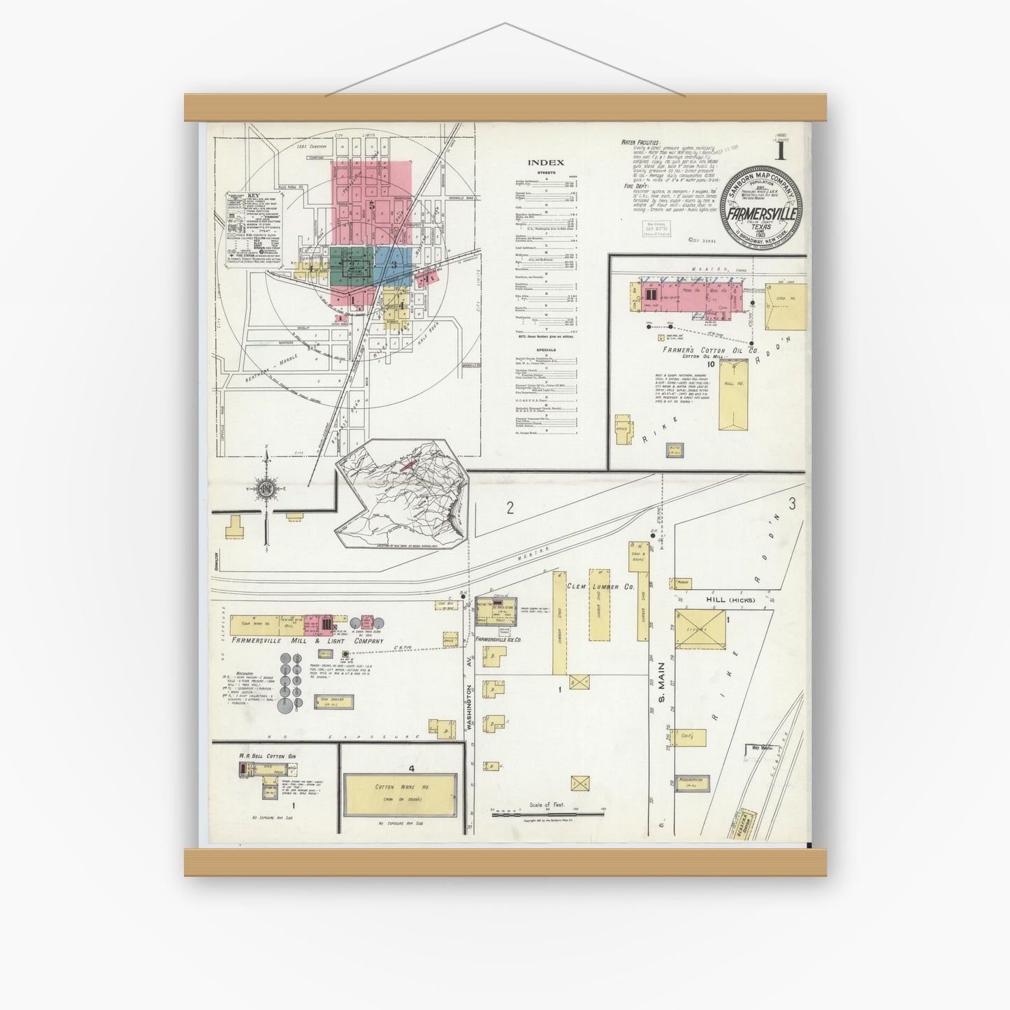 Old map wall art mockup — magnetic wood frame on white wall — Sanborn Fire Insurance Map from Farmersville, Collin County, Texas (1921) - Complete Map Set
